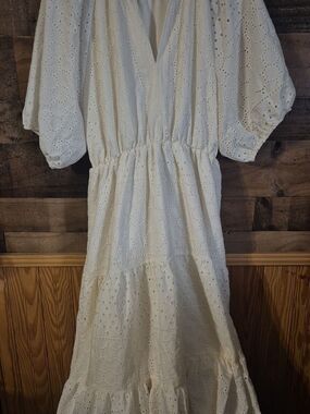 White Eyelet Maxi Dress with Elastic Waist and V-Neck